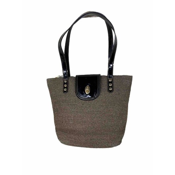 Eric Javits New York Bucket Purse Braided Straw Patent Leather Trim Handbag Bag - Picture 1 of 14